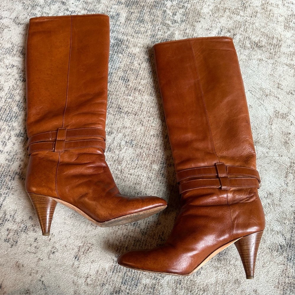 Loeffler Randall Cognac Leather Knee Boots 6B D-Ring Buckle Italy - Picture 4 of 8